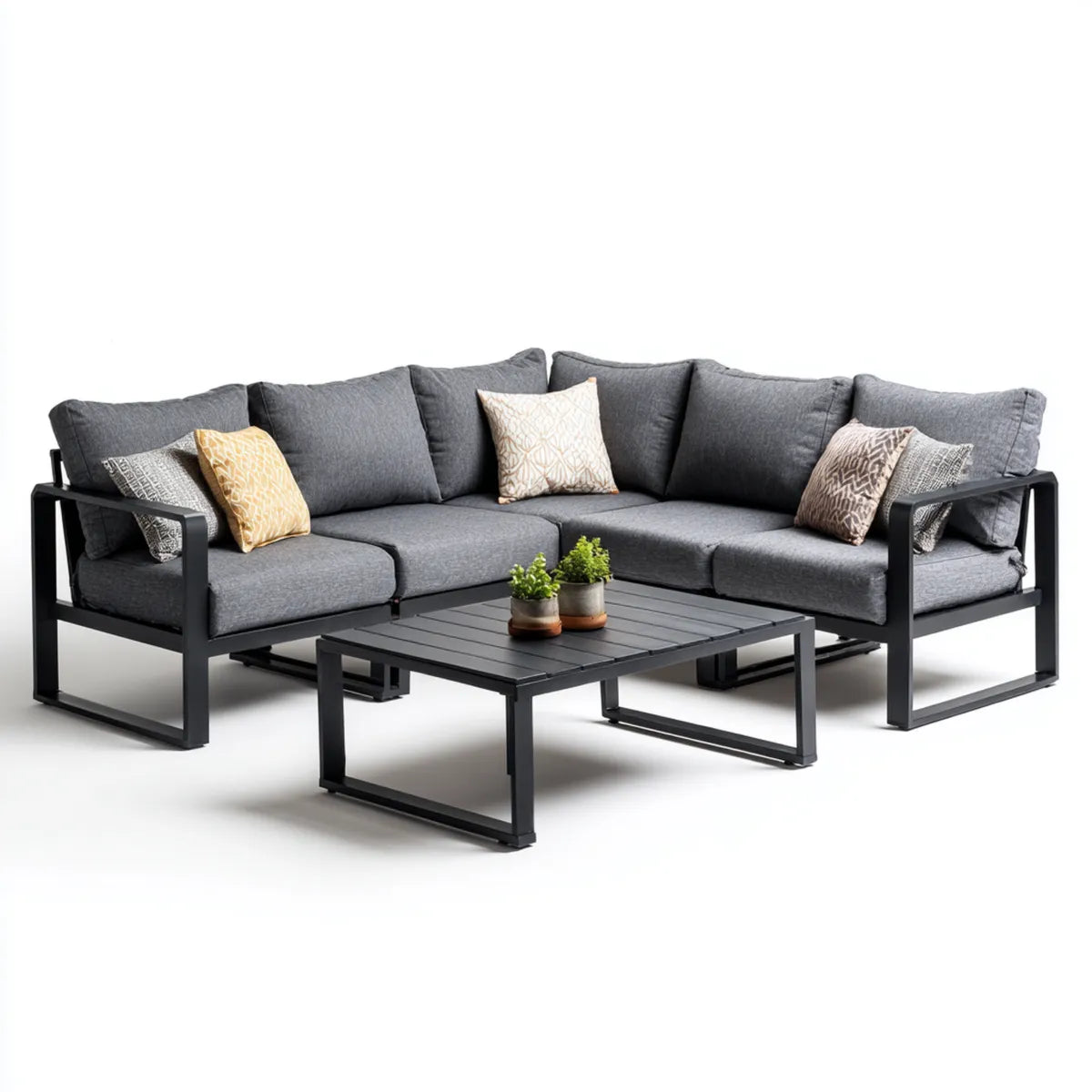 Sofa ogrodowa, Taras salon zestaw narożnik sofa antracyt 220 x 220 cm z proszkowo pokrytą stalową ramą i prostokątna stolik do kawy 100 x 60 cm