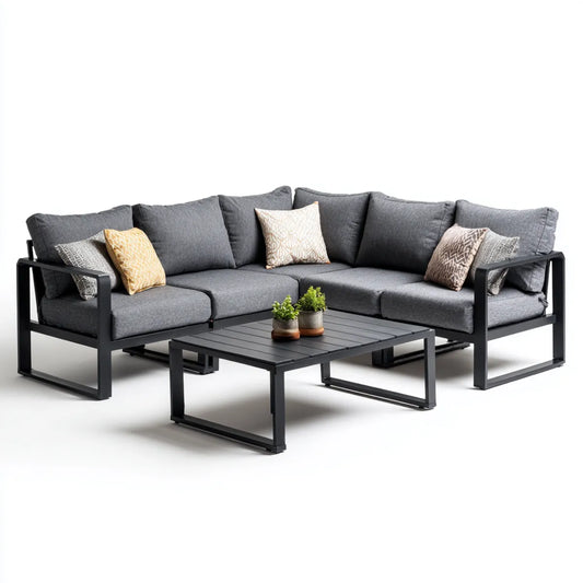 Sofa ogrodowa, Taras salon zestaw narożnik sofa antracyt 220 x 220 cm z proszkowo pokrytą stalową ramą i prostokątna stolik do kawy 100 x 60 cm