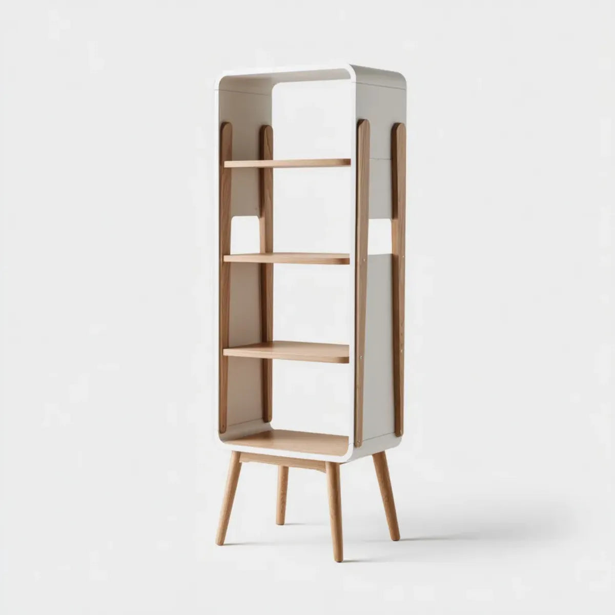 Regał, Biała i naturalna otwarta biblioteka w MDF i lite drewno prostokątne 60 x 35 x 160 cm