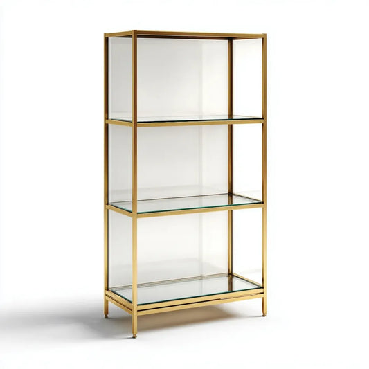 Regał, Złoty pokój dzienny półka ze stali nierdzewnej i prostokątne hartowane szkło 60 x 35 x 160 cm