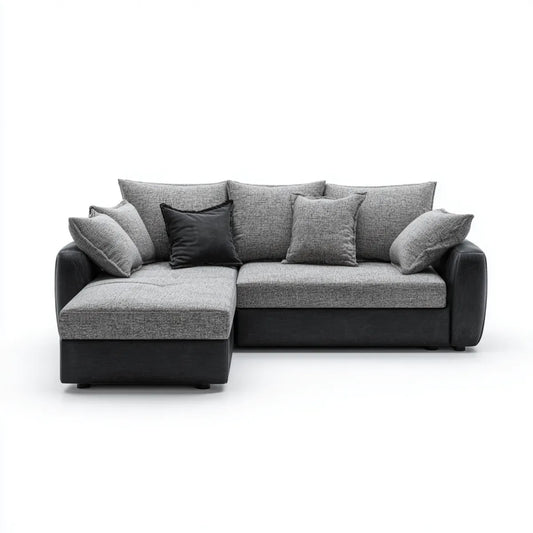 Sofa, Kanapa narożna 3 fotele z krzesełkiem i czarnym szarym i czarnym 250 x 160 x 85 cm w poliestrze i PU