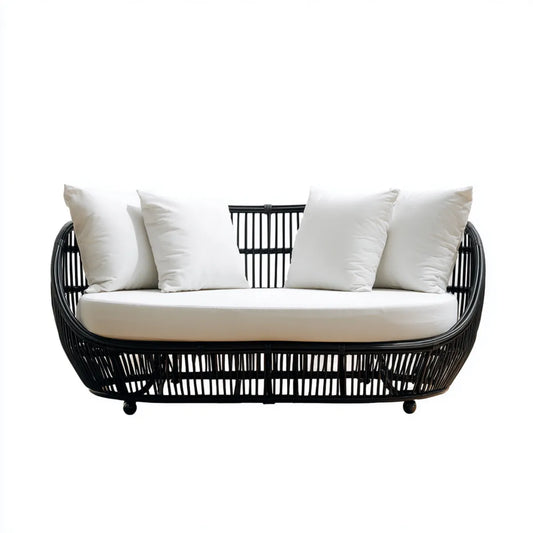 Sofa ogrodowa, Taras 2-osobowy Czarna biały z rattanu PE i stali pokrytej proszkiem 180 x 80 x 75 cm z rolkami