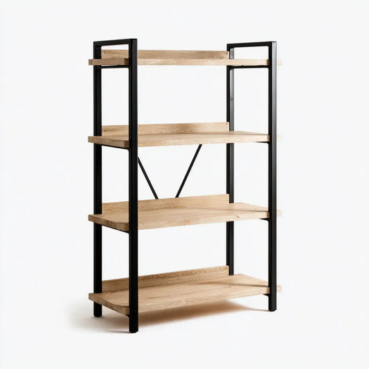 Regał, Półka biblioteczna 4 poziomy naturalnego dębu i czarnego 80 x 40 x 180 cm w dąbie litym i prostokątnej stali