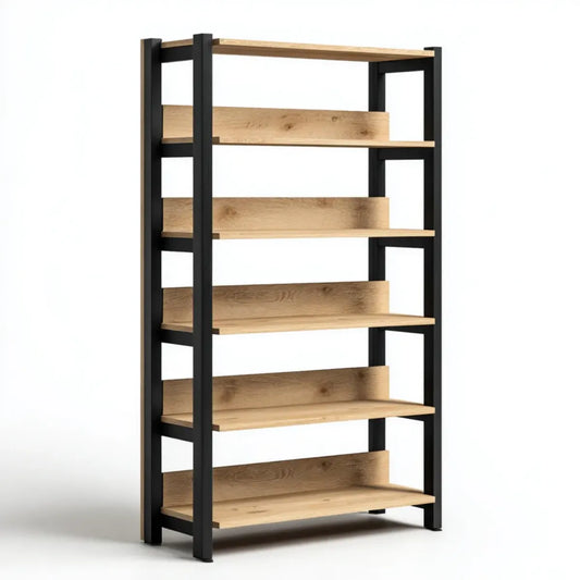 Regał, Półka biblioteczna 6 poziomów lekki dąb czarny 90 x 35 x 180 cm w płycie wiórowej i prostokątnej stali