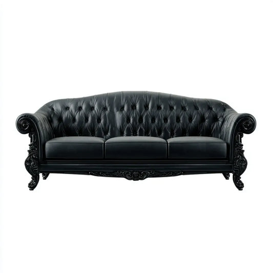 Sofa, Czarna sofa Chesterfield 225 x 90 x 90 cm w prostokątnym kształcie poliuretanowym